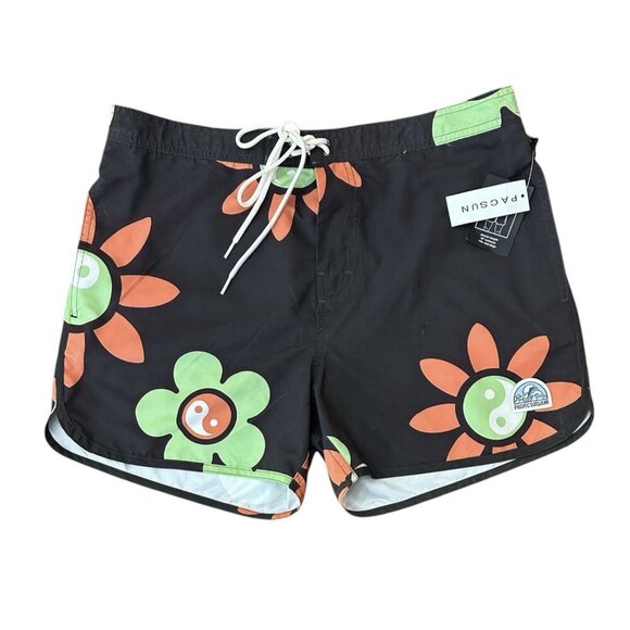 NWT PacSun Peaced Floral 15" Board Shorts Swim Trunks YinYang Pockets Large - Picture 1 of 10